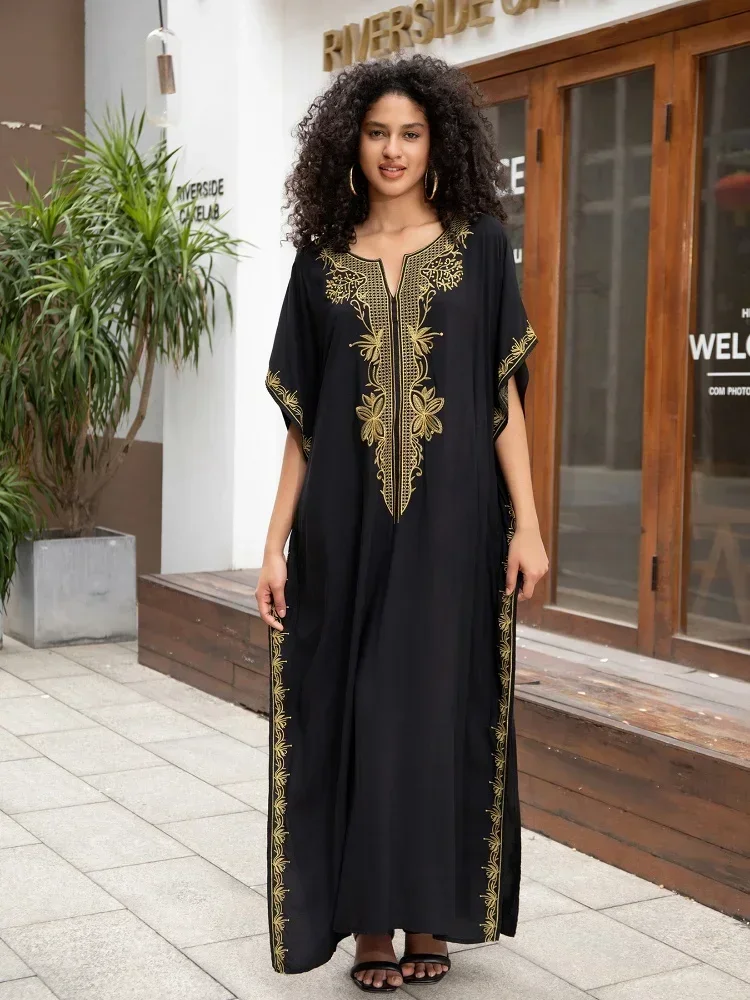 Black Women's Loose Kaftan Dress 2024 Summer Gold Embroidered Robe Swimsuit Cover-up Bohemian Home Wear Moo Moo Dresses Q1656