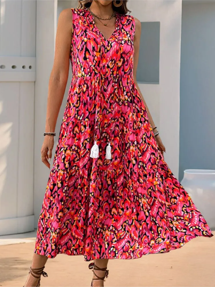 Boho Print Dress Lady Fashion Lace Up Sleeveless V-Neck Pullover Dresses Beach Holiday Dress For Women Summer Women Clothes New