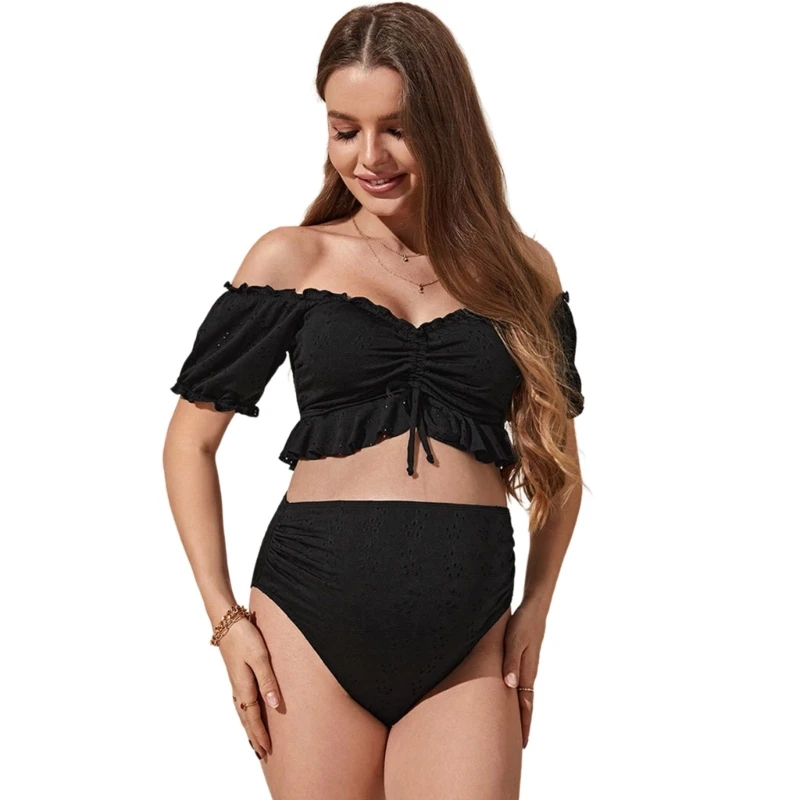 

2024 Maternity Bikinis Swimsuits Off Shoulder Ruffled Short Sleeve Highs Waist Bathing Suit 2Pieces Pregnancy Swimwears Dropship