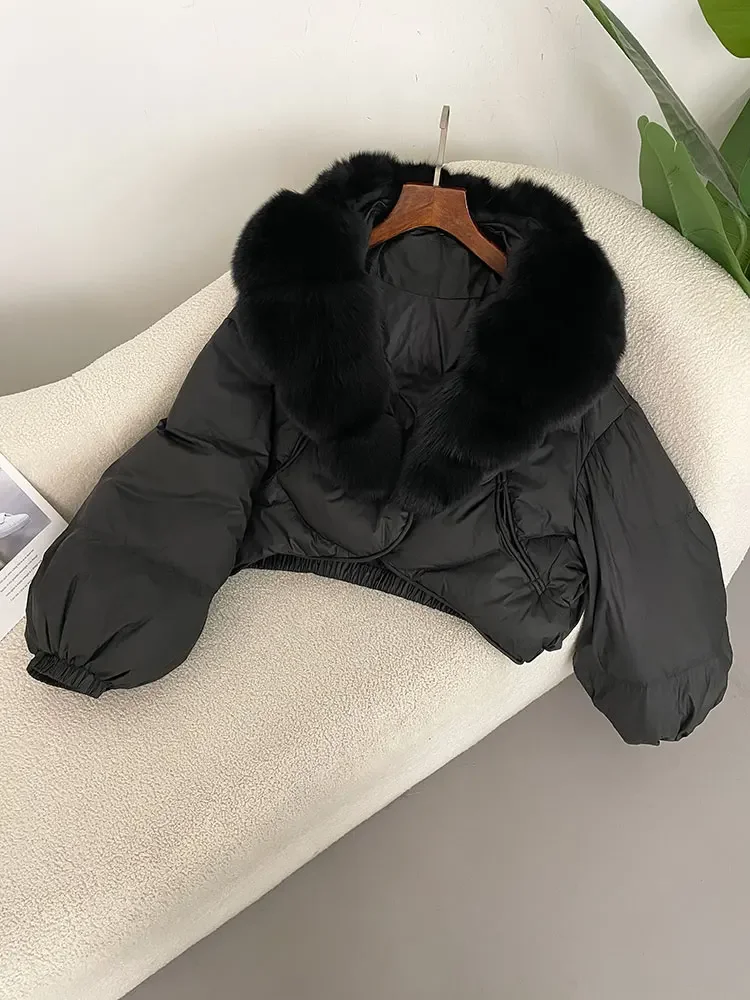 2025 겨울 숏 아우터웨어 스트리트웨어 루즈 캐주얼 재킷 여성용 리얼 폭스 라쿤 퍼 칼라 내추럴 두꺼운 따뜻한 덕다운 코트