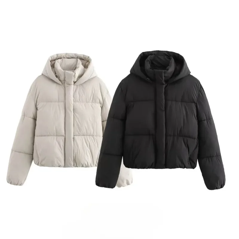 

Модная женская одежда, черная куртка с воротником-стойкой, утолщенная теплая куртка с капюшоном на молнии, бежевая свободная женская одежда с длинными рукавами