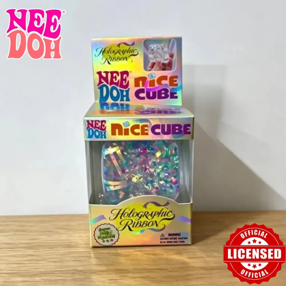 NeeDoh Nice Cube Sensory Fidget Toy, Holographic Ribbon Inside Soft Squish Cube, Anti-Anxiety Stress Relief Squeeze Toy with Box