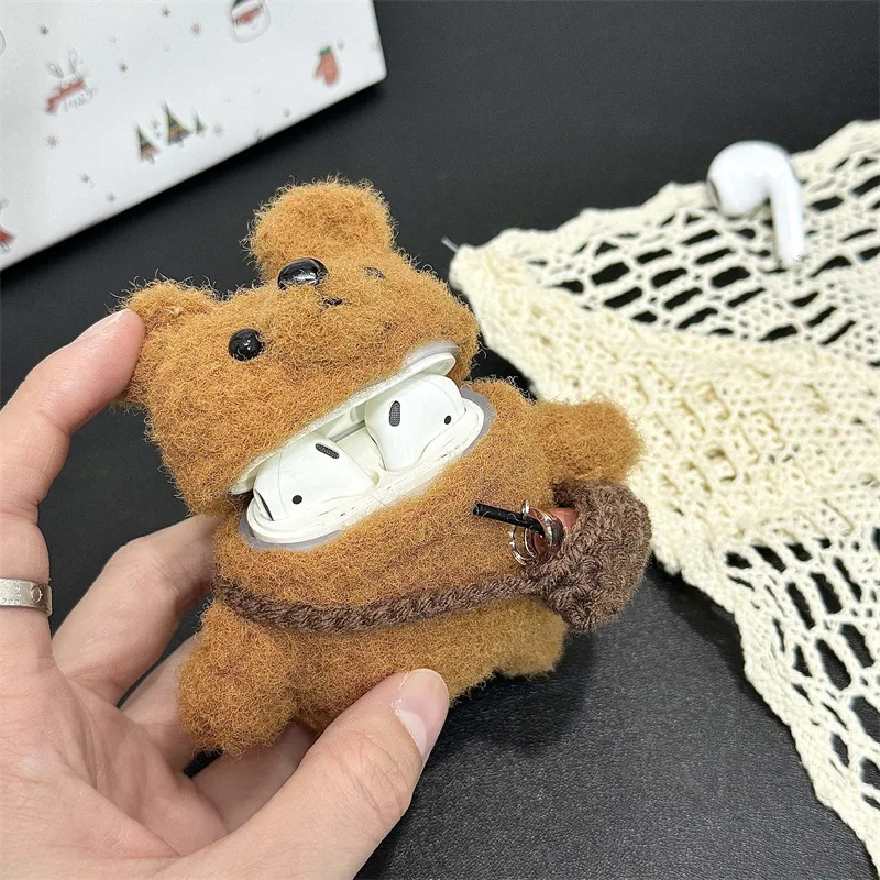 

Backpack Plush Bear Case for AirPods 4 Airpod 1 2 3 Pro Pro2 Bluetooth Earbuds Charging Box Protective Earphone Case Cover