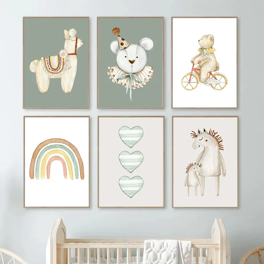 Cartoon Cute Bear Rabbit Goose Alpaca Poster Print Canvas Painting Heart Rainbow Nursery Wall Art Picture Kids Room Decoration