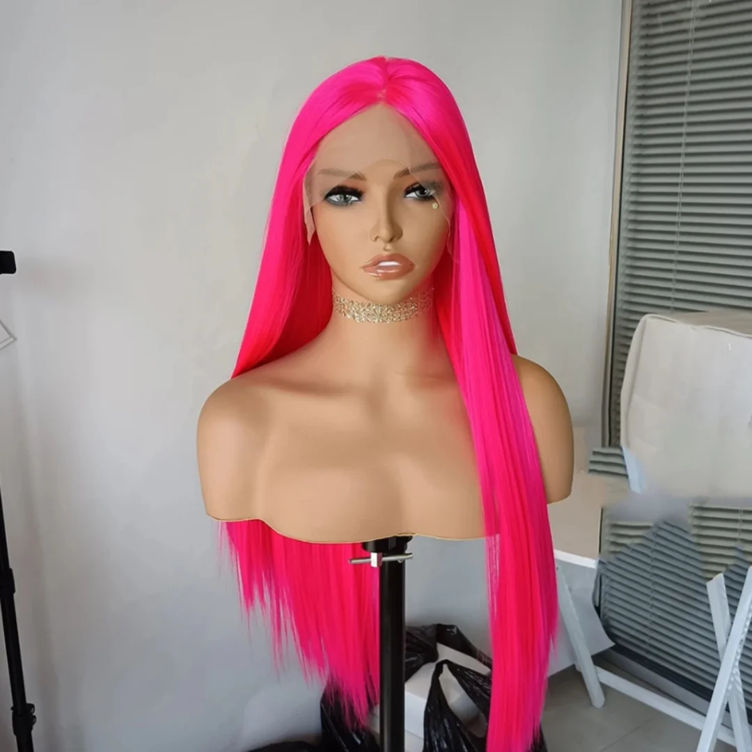 Rdy Hot Pink Lace Front Perücke langes glattes Haar Frontal Rose Red synthetische Spitze Perücken für Frauen täglich leimlosen natürlichen Haaransatz