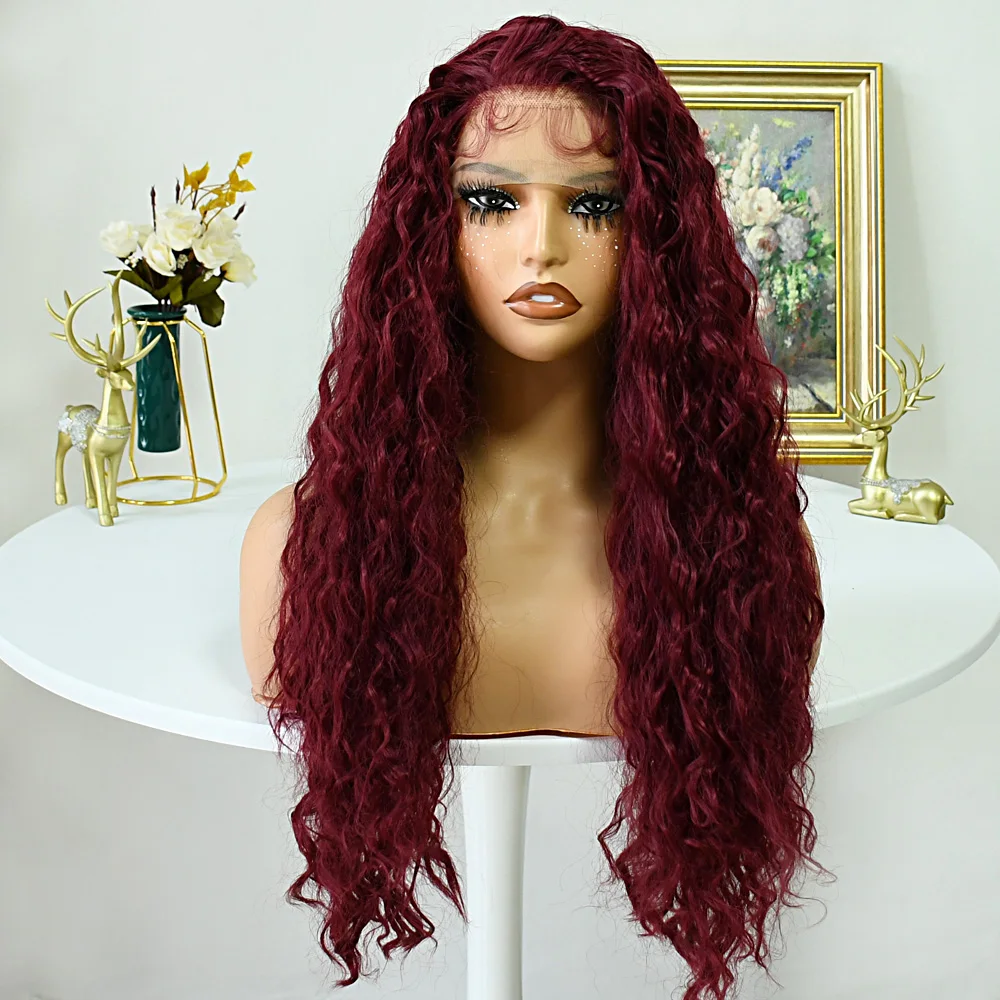 

Винно-красный синтетический парик спереди для женщин Бордовый длинный волнистый бесклеевой парик Натуральная линия волос Термостойкое волокно Парик шнурка волос