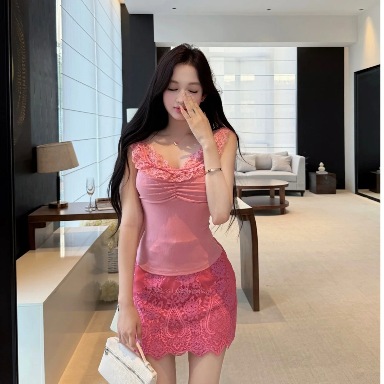 

Summer New Women's Knitted Lace Crop Top And Half Skirt Set with Waist-Cinching Strap in Pink Color Fashionable And Stylish