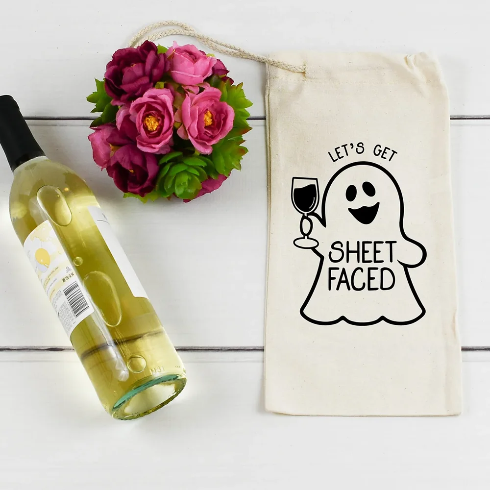 

Wine Bag Let's Get Sheet Faced Wine Bag Holder Halloween Spooky Funny Gift Reusable Drawstring Wine Bottle Bag Party Table Decor