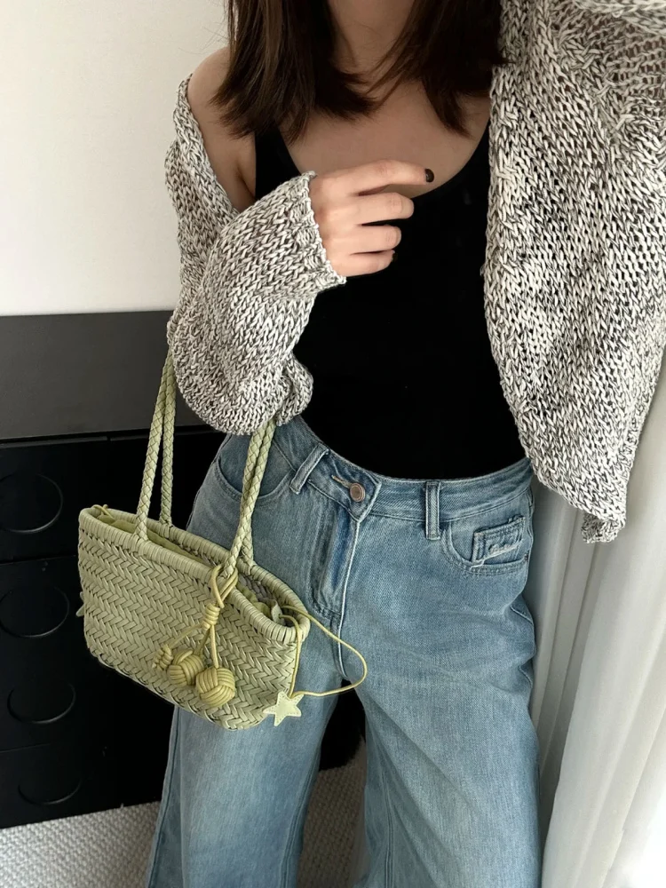 

Retro Handwoven Leather Basket Bag Women Large Capaci High-End Versatile Handbag Single oulder Tote Bag Korean Sle