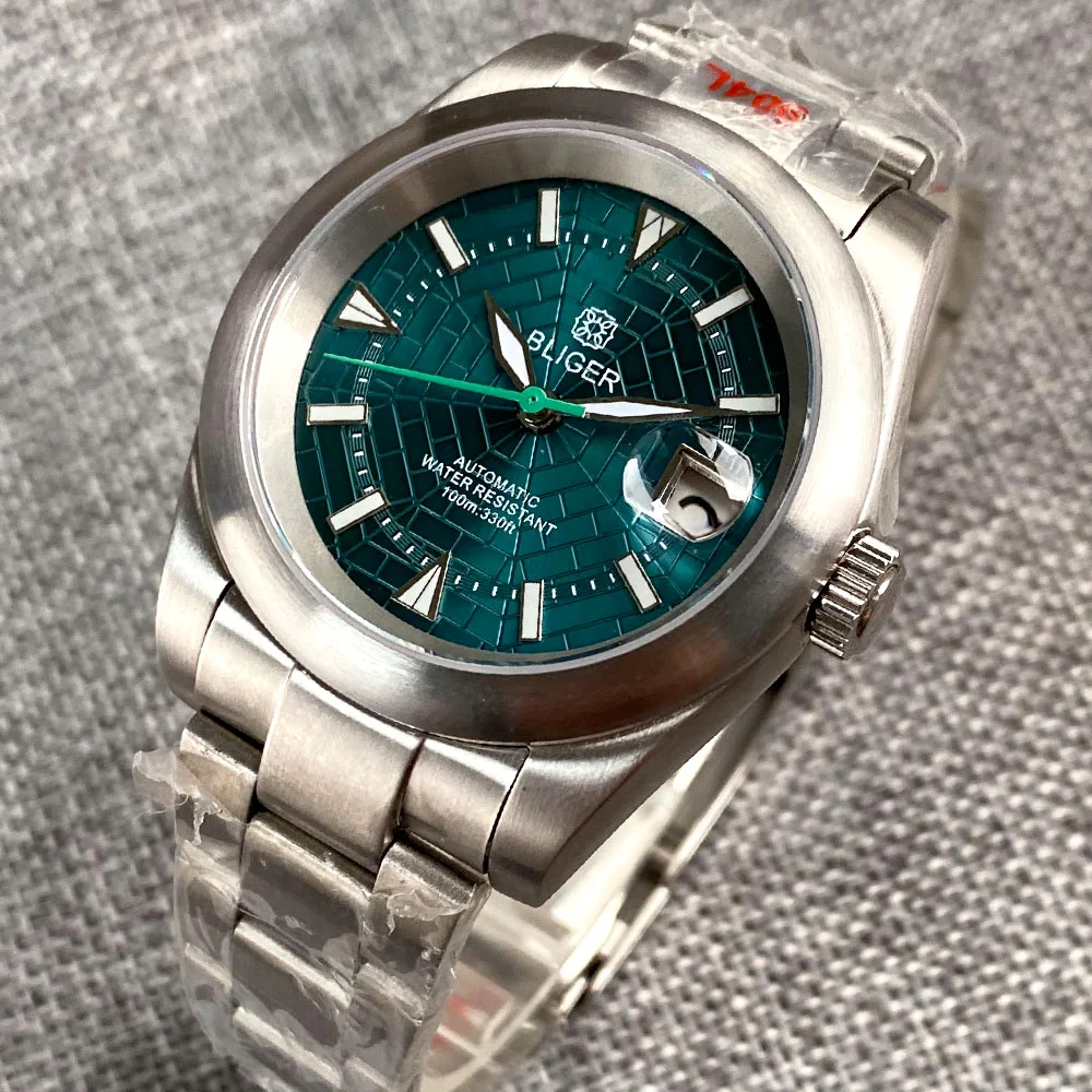 BLIGER-Relógio Automático Homem, Spider Web Dial, Dial NH35, Green Hand, Pulseira 904L, Slide Glide, Lock, Brush, Bezel, 36mm, 39mm