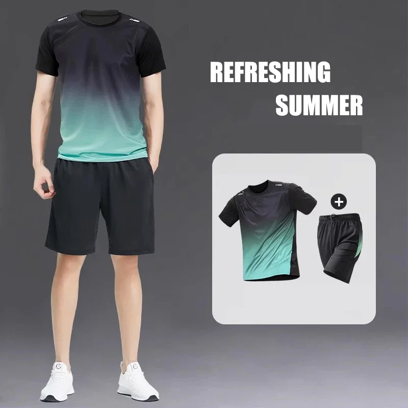

Sports suit, men's summer running T-shirt, ice silk quick-drying gradient training fitness equipment