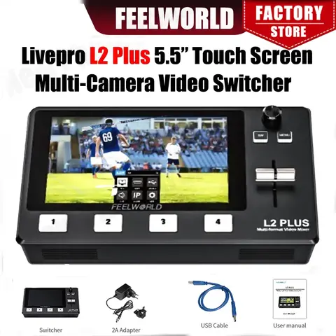 Feelworld livepro L2 플러스 멀티 포맷 비디오 믹서 스위처, 5.5 인치 터치 모니터, USB3.0 앱, PTZ 카메라 제어, 녹색 화면 컷아웃