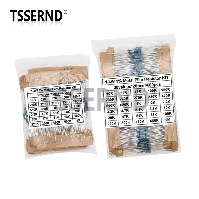 600pcs/set 300pcs/set 30 Kinds 1/4W Resistance 1% Metal Film Resistor Pack Assorted Kit 1K 10K 100K 220 ohm 1M Resistors