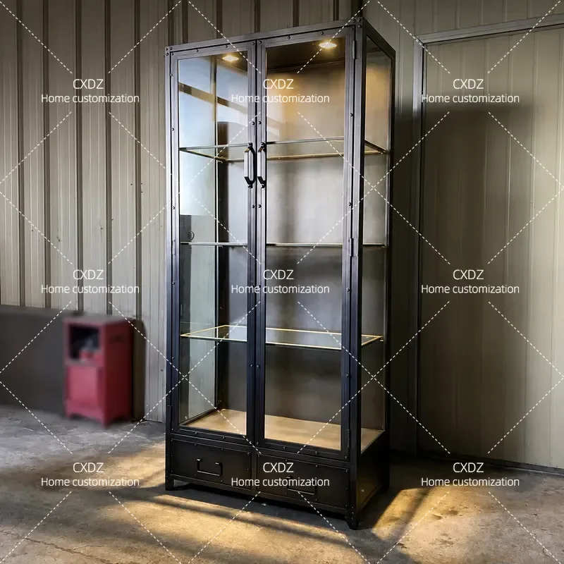 Industrial Retro Glass Display Cabinet Wrought Iron Wine Rack Shelf Storage Unit for Home Bar Product Figure Showcase