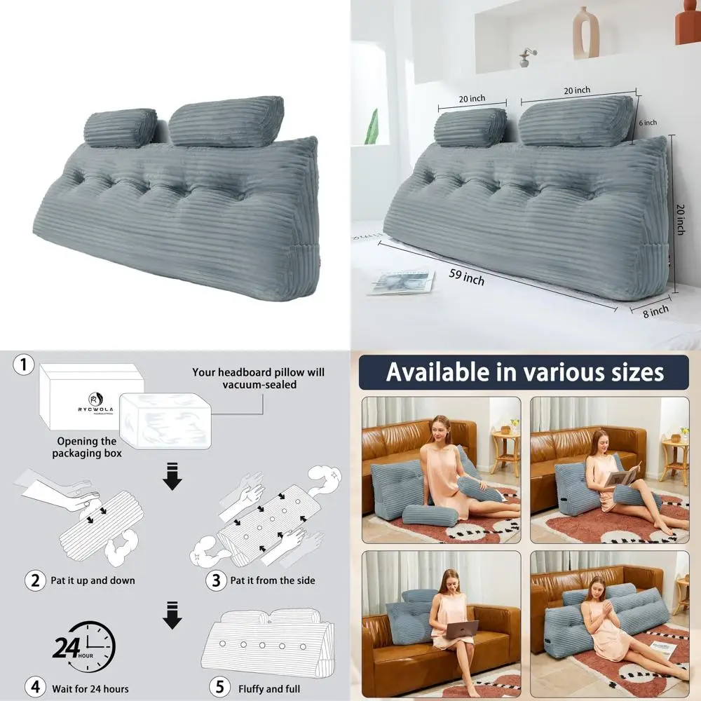 

Подушка на танкетке изголовья королевского размера с рулонами для шеи, мягкая и поддерживающая, съемный чехол, светло-серый, 59x8x20 дюймов