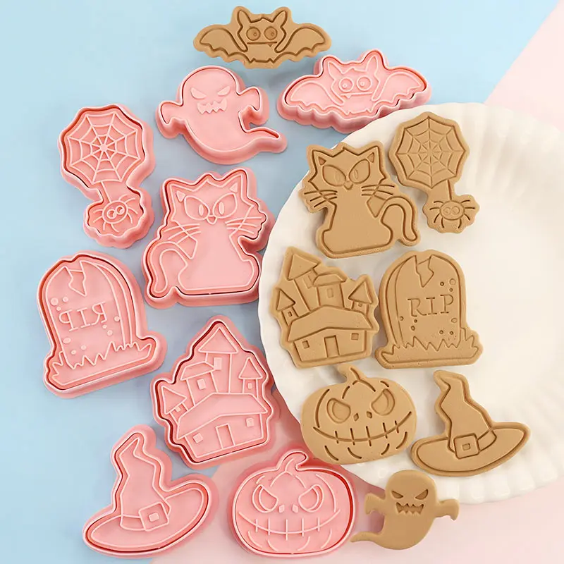 Halloween Baking Cookie Mold 8Pcs Black Cat Ghost Bat Witch Hat Pumpkin Tombstone Biscuit Cutter Stamp, Halloween Party Supplies