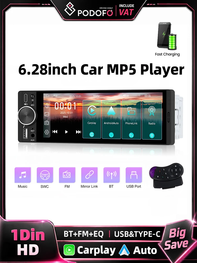 Podofo 6.28 cala 1 Din Uniwersalne Radio Samochodowe MP5 Bezprzewodowy Carplay Android Auto Mirror Link HD 1280*452 Ekran Dotykowy BT USB AUX EQ Odtwarzacz Multimedialny Sterowanie Kierownicą Obsługa — 2