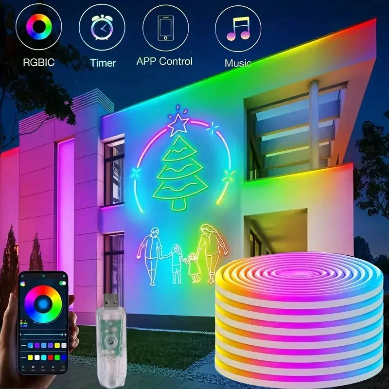 RGBIC LED Neon Strip Lights Music Sync App-Controlled Multi-Color Chase Light for Outdoor Trees Walls Steps & Pool Decor