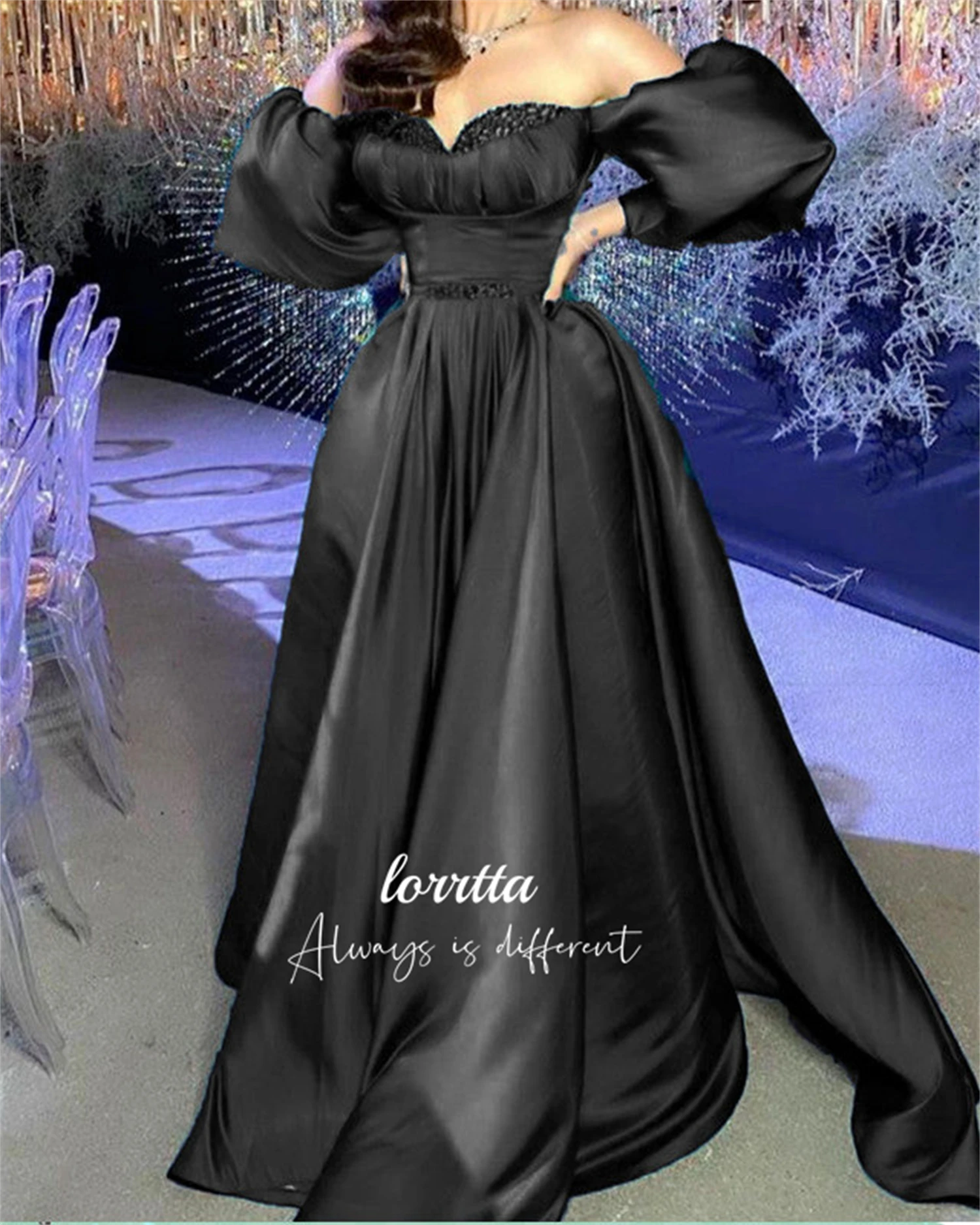 Lorrtta Beaded Decoration Evening Dress Line A Puff Sleeves Satin Black Dresses for Dancing Parties Ball Gowns Party