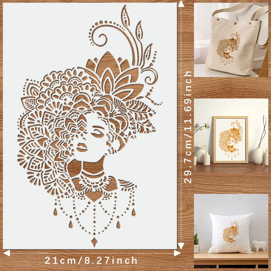 قطعة واحدة من استنسل نسائي بوهو مقاس A4 لطلاء الجدران - قالب سيدة ماندالا DIY للديكور الفني والحرف اليدوية