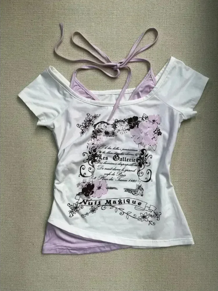 2026 Summer Vintage Fake Two Piece Halter Lace Up T-shirts Y2k Slim Fit Print Tops Women Off Shoulder Short Sleeve Tee Shirt