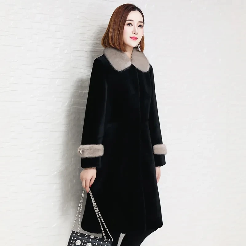 2024 Autumn Winter New High-grade Faux Fur Outerwear Mother Mink Collar Cotton Padded Warm Slim Mid Length Shearling Coat Female