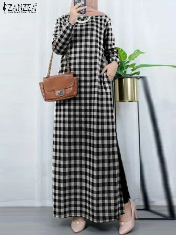 ZANZEA Women Vintage Spring Muslim Dubai Turkey Abaya Hijab Sundress Islamic Clothing Fashion Long Sleeve Plaid Checked Dress