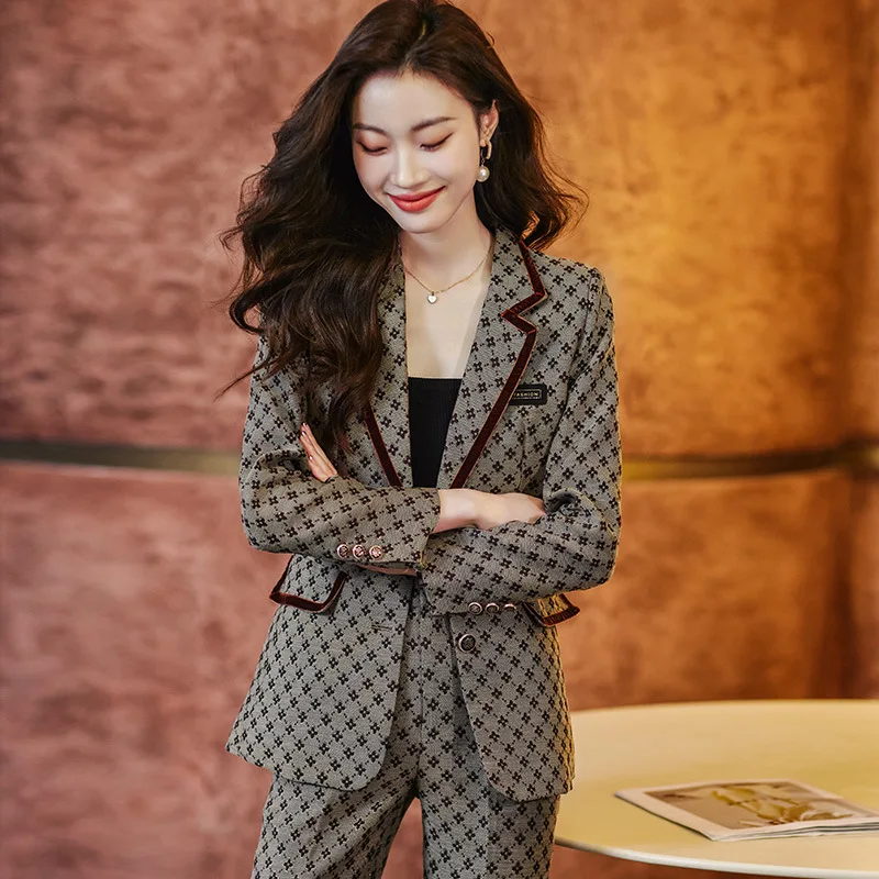 Fall Women\'s Pants Sets Chic Print Blazer And Flare Pants 2 Piece For Office Lady Prom Party Suit Sets For Women ropa de mujer