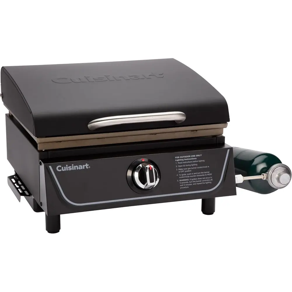

Tabletop Gas Griddle with Hood, Easy Assembly Compact Outdoor Flat-Top Grill with Grease Cup, 255 Sq. In Cooking Space Perfect f