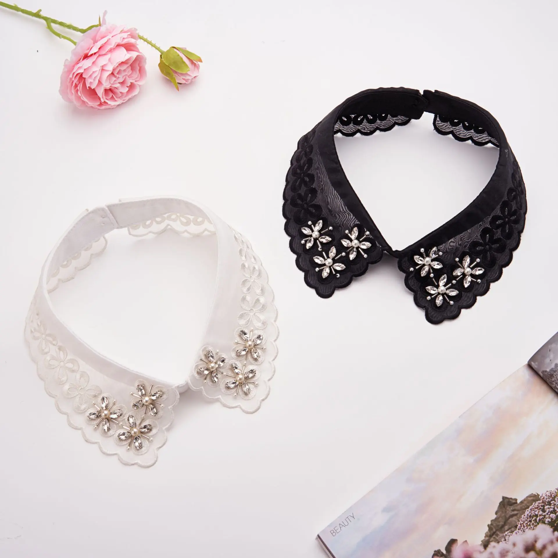 

3D Lace Embroidered Nail Bead Collar Layered Fashion Boutique Collar for T-Shirts Sweaters