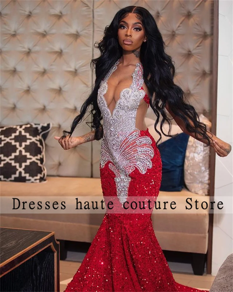 Red Sequined Mermaid Long Prom Dresses 2026 For Black Girls Rhinestones Crystals Birthday Party Gowns Evening Dresses Customized