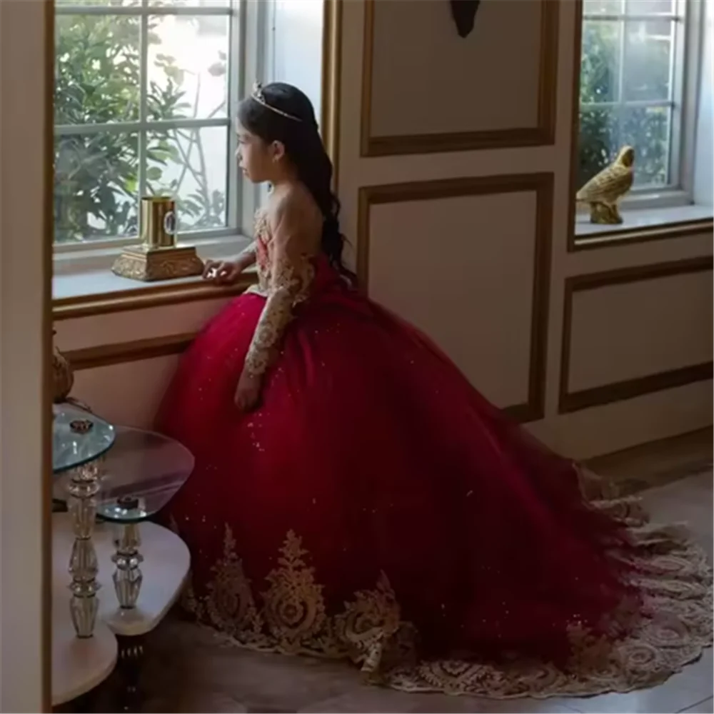 Sukienki dla dziewczynek na wesele z koronką, satynową kokardą, sukienka na Pierwszą Komunię Świętą z trenem, sukienki księżniczki dla małych dzieci na konkursy piękności