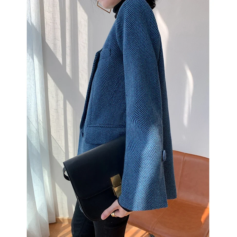 Elegant Blue Woolen Coat Suit Jacket Female 2024 Autumn Winter New Style Leisure British Blazer Cardigan