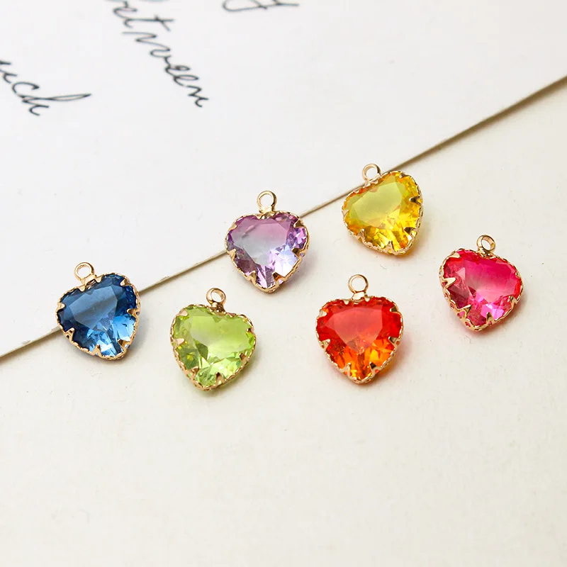 1pcs Diy Accessories Copper Edging Glass Crystal Gradient Heart Pendant Gold-plate Antique Earrings Material Handmade Charms