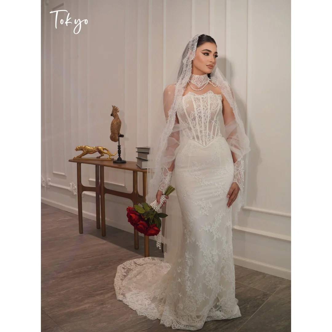 Tokyo Custom White Lace Strapless Mermaid Wedding Dress Sheer Long Sleeve Bridal Gown Delicate Veil Formal Wedding Occasion