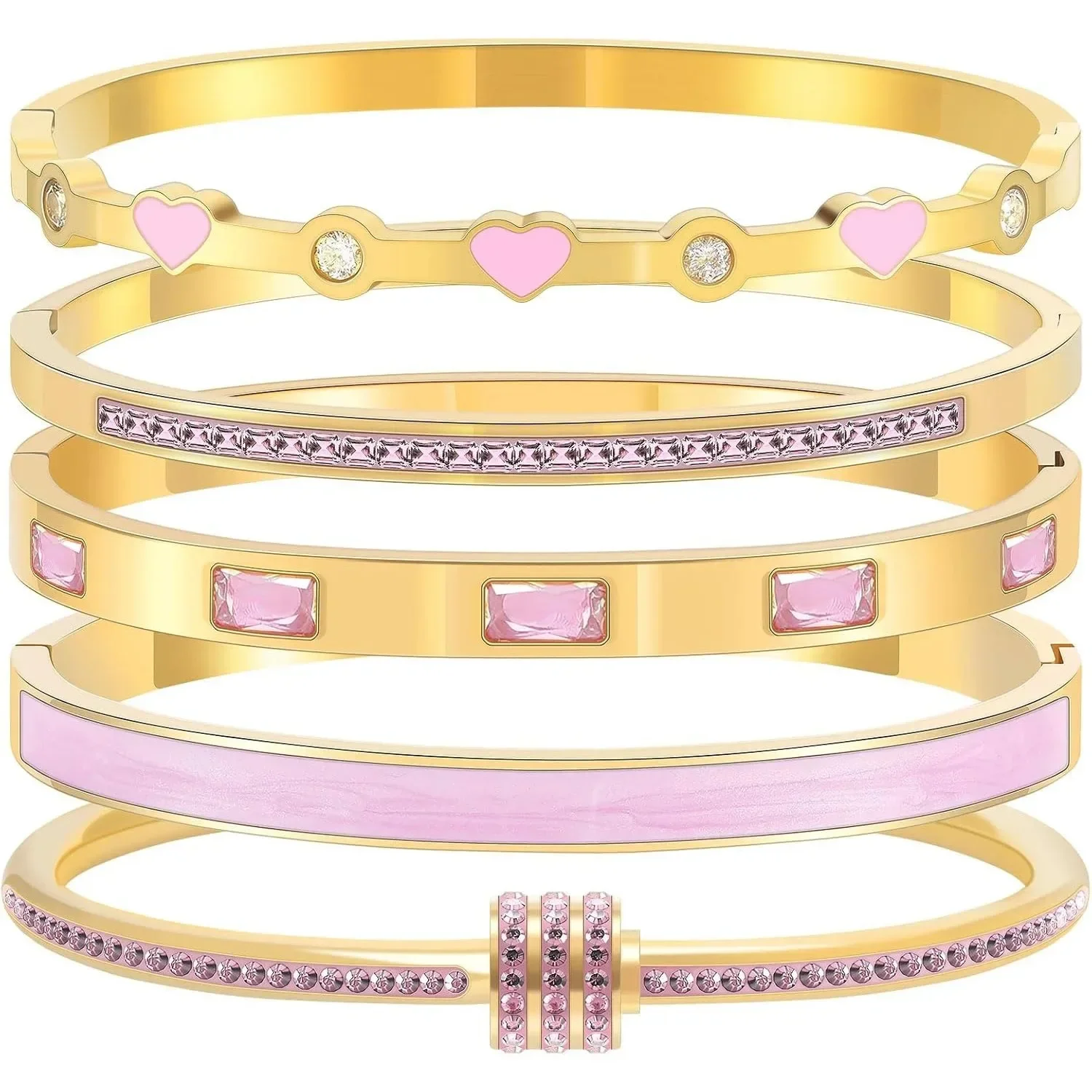 

Stainless Steel Stackable Gold Bangle Bracelet Set for Women - 18K Gold Plated with Pink Crystal Friendship & Love Heart Bracele