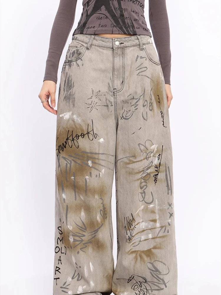 Women Grey Y2k Graffiti Jeans Baggy Vintage High Waist Cowboy Pants Harajuku Denim Trousers Aesthetic Trashy 2000s Clothes