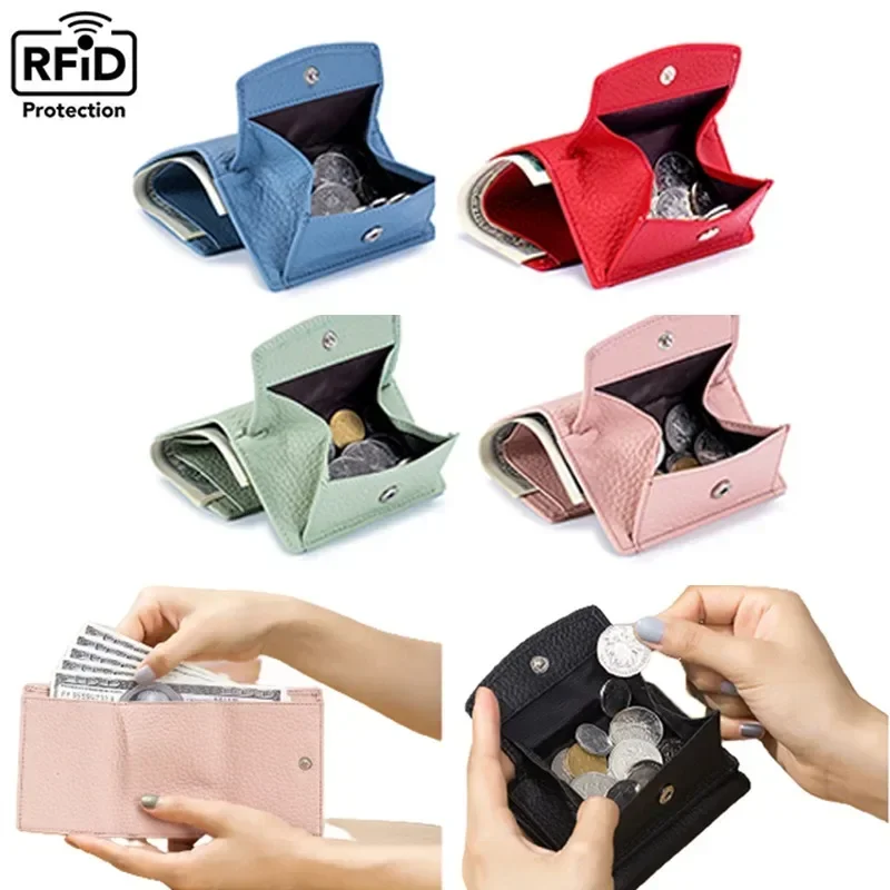 Multicolor Genuine Leather Small Wallet Japanese Coin Purse RFID Solid Color Casual Coin Purse Top Layer Cowhide Mini Purse