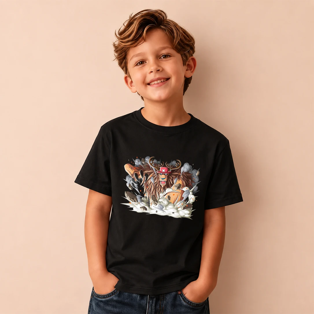 Kids T‑Shirt One Piece Tony Tony Chopper Monster Form Battle Print Short Sleeve Casual Tops Boys Girls Anime Children Daily Wear