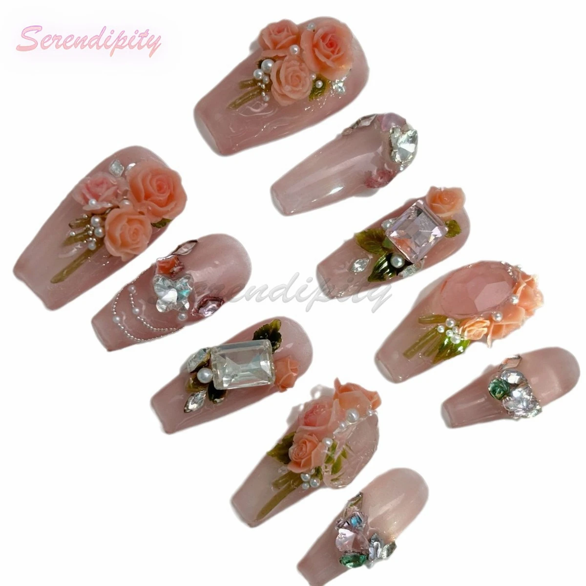 10 Uds. De uñas postizas de Color sólido, ramo estereoscópico rosa puro hecho a mano, arte de uñas falso, diamantes de imitación grandes, desgaste extraíble