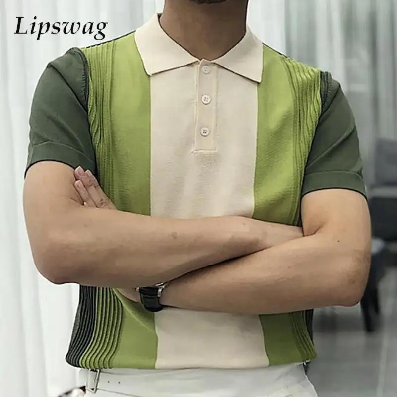 

Stylish Contrast Color Knitted Polo Shirts Men Summer Casual Elastic Slim Breathable Knit Tops For Mens Fashion Polo Collar Tees