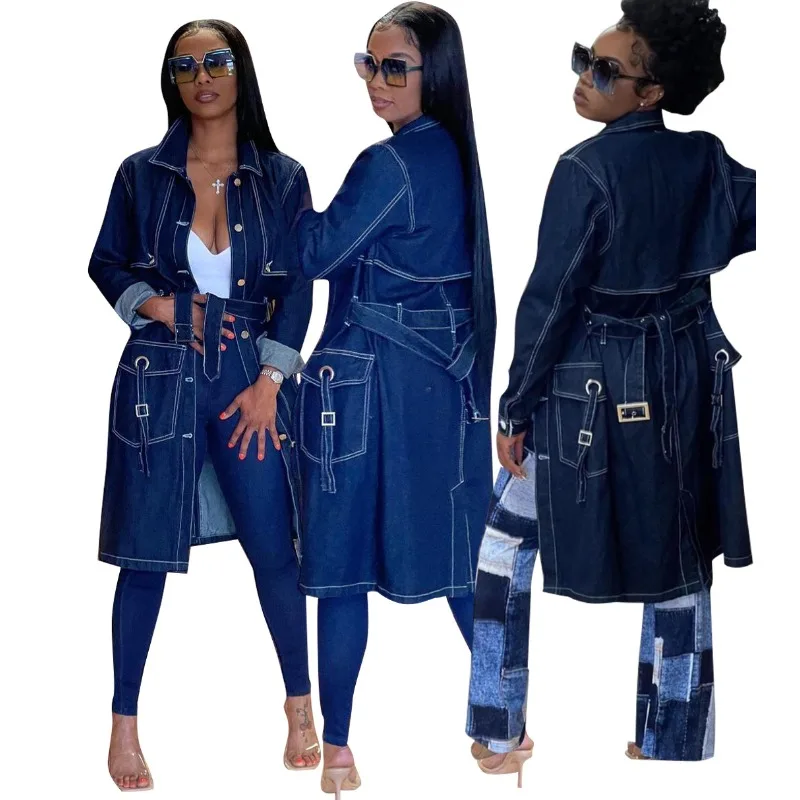 

Denim Long Trench Coat for Women Elegant 2023 Autumn New Long Sleeve Singer Breasted Turn-down Collar Cardigan Office Lady