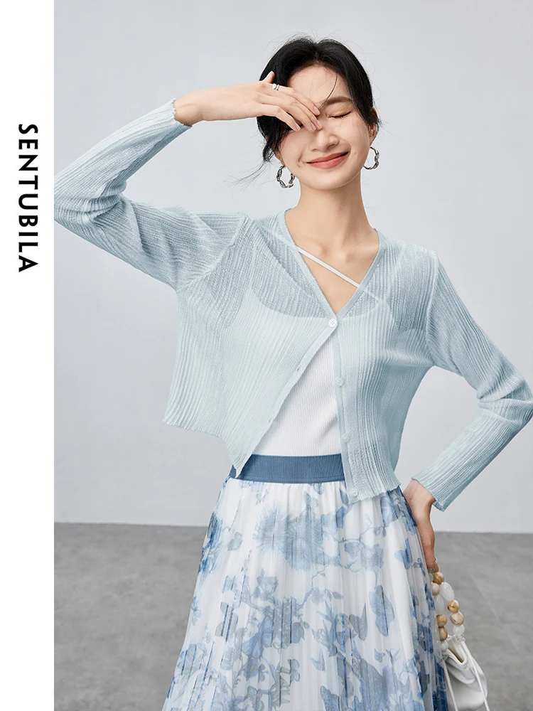 

SENTUBILA V-neck Casual Cropped Knitted Cardigan 2024 Summer Straight Single Breasted Solid Long Sleeve Tops Clothing W42H55364