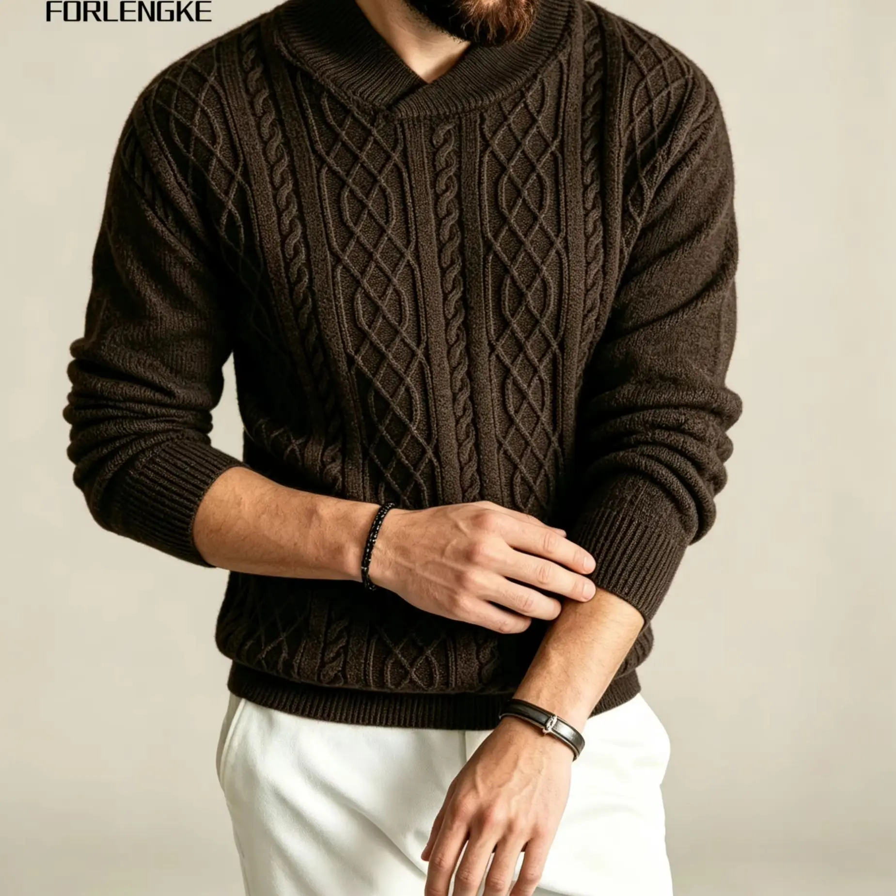 FORLENGKE Men Shawl Collar Cable Knit Sweater Vintage Twist Textured Pullover Solid Color Long Sleeve Casual Warm Knit Jumper Au