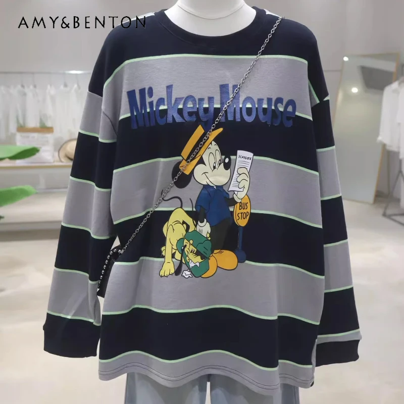 

Y2k толстая полосатая возрастная футболка с мультяшным буквенным принтом, осень 2022, свободные утягивающие универсальные футболки с длинными рукавами для женщин