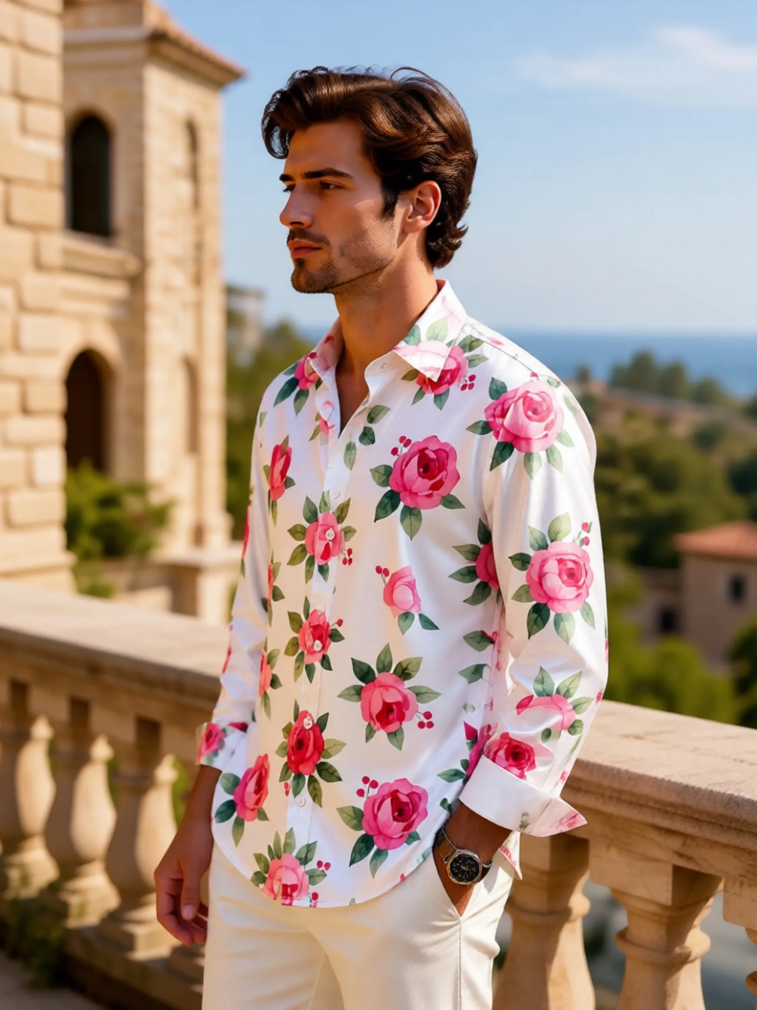 Mens Satin Long Sleeve Button Down Printed Dress Shirt Silky Glossy Fabric Modern For Office Commute Business Work Everyday Wear