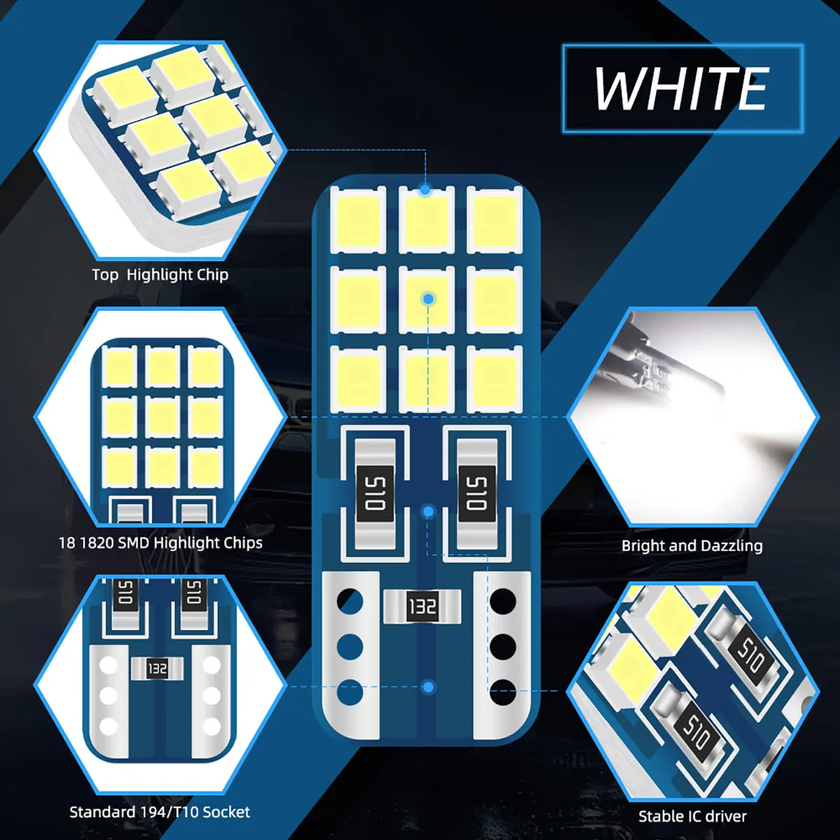 W5W T10 LED 1820 18SMD Car Interior Bulb Canbus Error Free 194 168 Map Dome Lights Auto Marker Wedge License Plate Signal Lamp