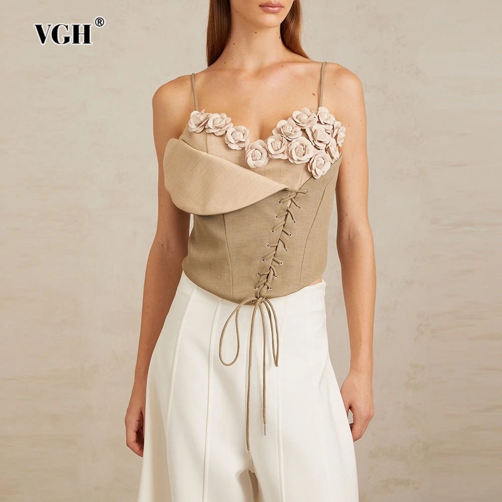 

VGH designer slim fit spliced appliques short vests for women square collar sleeveless backless summer sexy vest female fashion