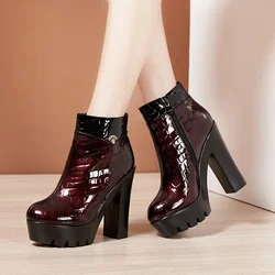 13cm Small Big Size 32-43 Vintage Bright Leather Shoes Women Ankle Boots 2026 Fall Winter Block High Heels Boots Office Model
