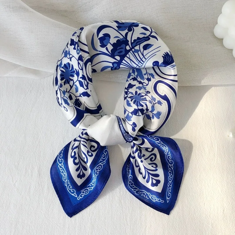 

Chinese Blue White Porcelain 100% MULBERRY SILK Bandana 53cm Mandarin Duck Floral Ladies Neck Bag Wrap Oriental Accessory